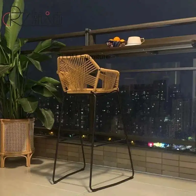 

Nordic PP Rattan Back Armchair Bar Furniture Wrought Iron Bar Chairs for Kitchen Modern Cafe Outdoor Restaurant Home High Stools