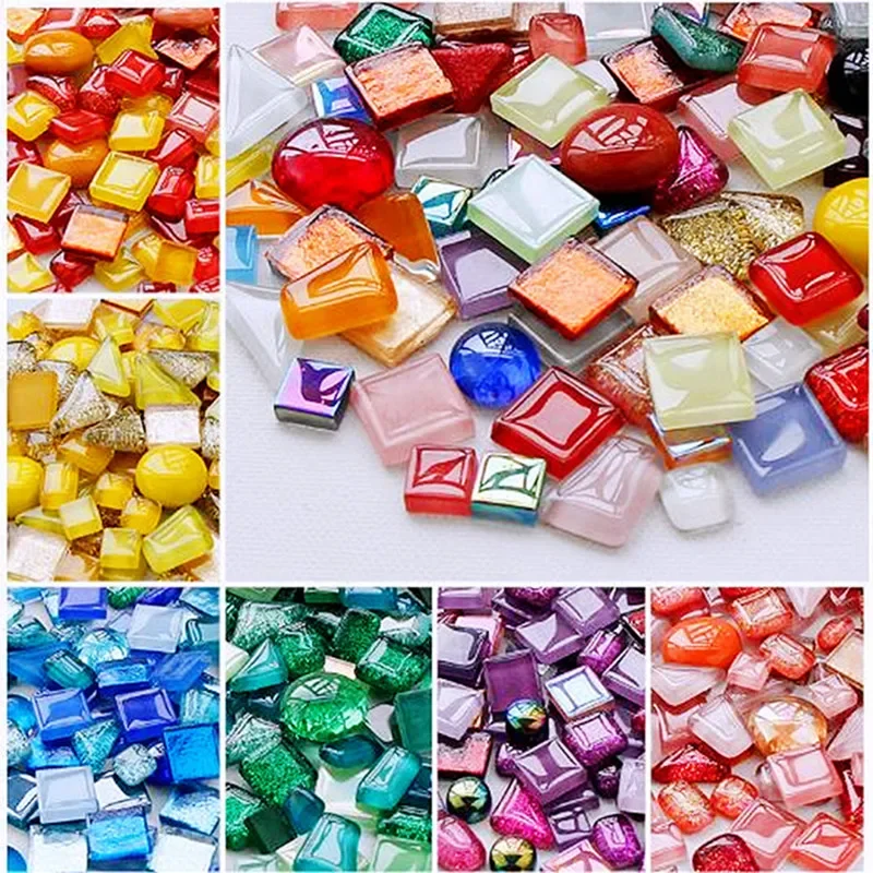 120g/4.23oz Diversified Glass Mosaic Tiles Shape/Color Mix Tile Round/Triangle/Square DIY Mosaic Craft Shiny Materials