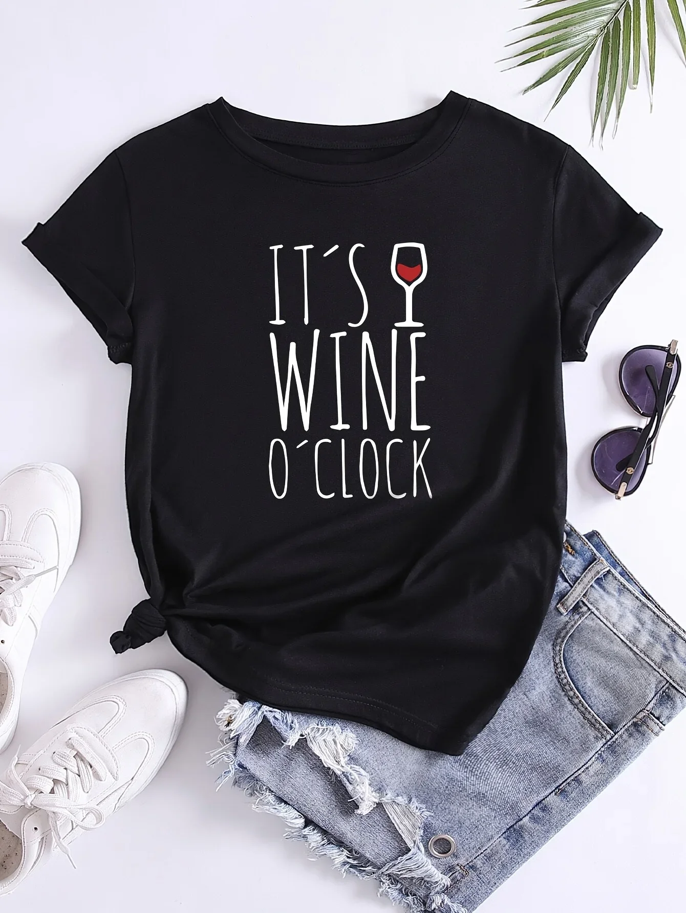 Top for Summer Spring Women's Clothing Wine Letter Print Crew Neck T-shirt Short Sleeve Casual