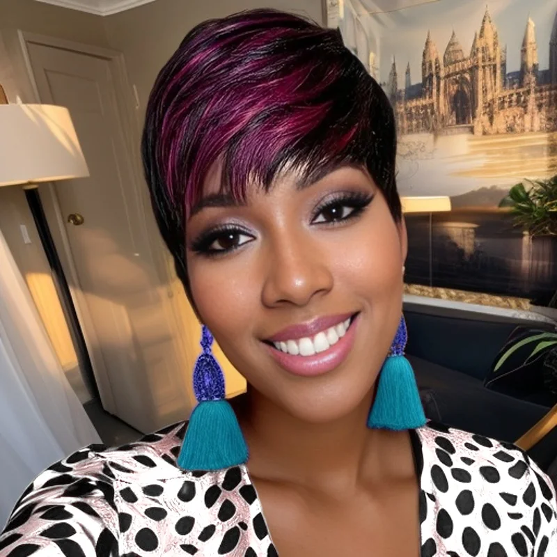 Rambut Manusia Lurus Warna Ungu 1b/Purple, Wig Pixie Pendek Berlapis-lapis Buatan Mesin dengan Poni