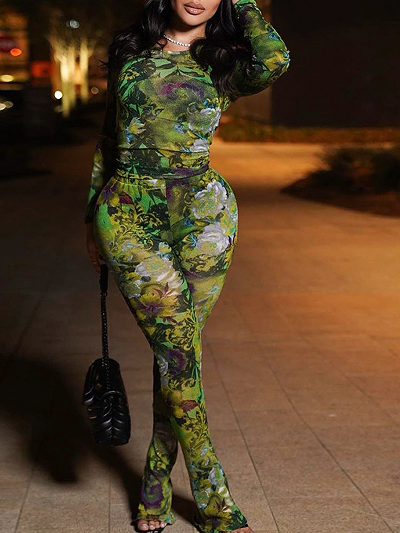 Damski obcisły top z siateczki z okrągłym dekoltem i długim rękawem, zestaw casualowy z długimi spodniami z siateczki z nadrukiem.