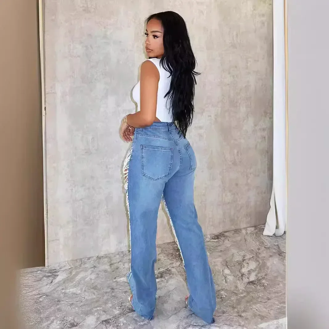 

Spice Girl Summer Pants Ripped Heavy Industry Beaded Elastic Jeans Trousers Women JEANS