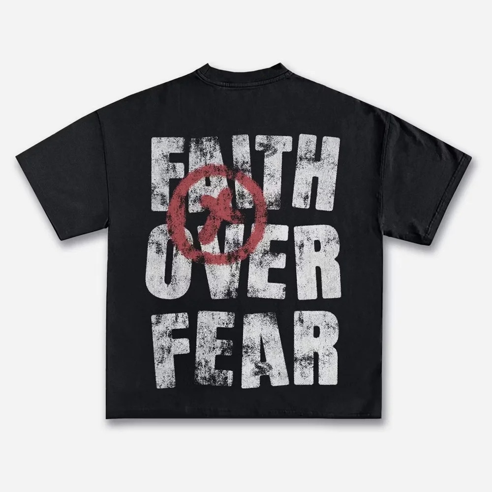 Camiseta con estampado de letras Faith Over Fear, camiseta unisex Vintage con cuello redondo, manga corta, estilo Retro Street Y2K, ropa informal de moda