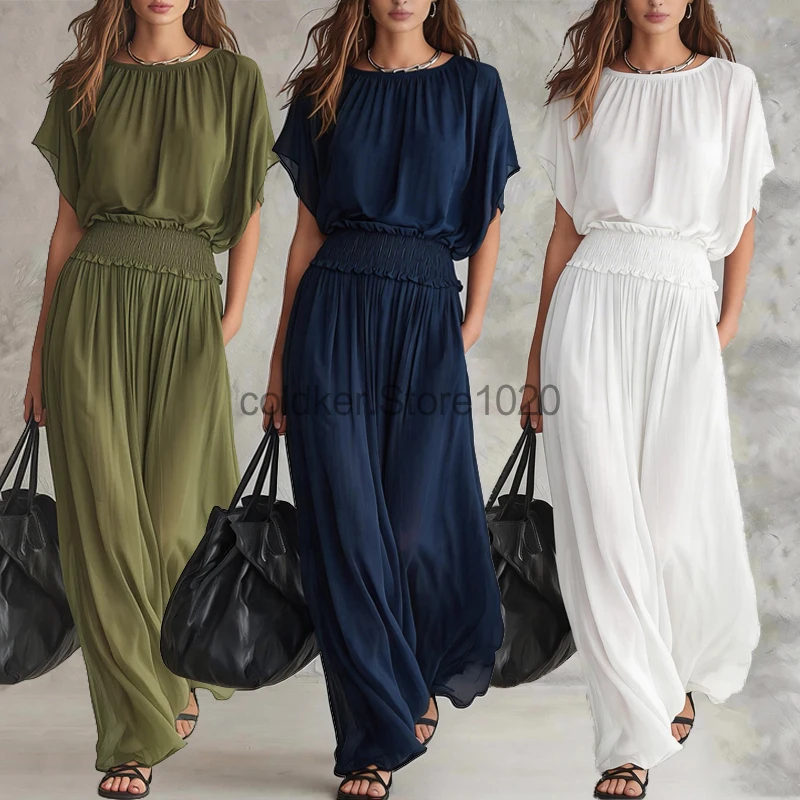 

New Summer Jumpsuits for Women Solid Color Fashion O-neck Waist Cinched Short Sleeve Long Wide Leg Romper Ladies Casual Outfits