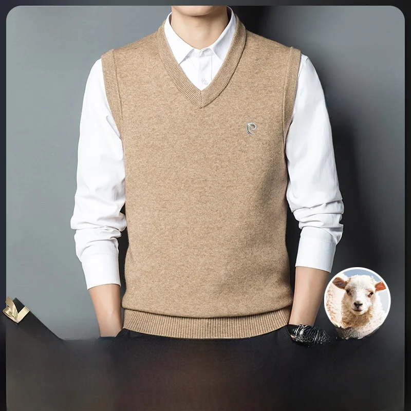 

Pierre Cardin Luxury Men's Faion Wool Vest Midlife Casual Color V-ne Knitted Svel oulder Pad Sweater