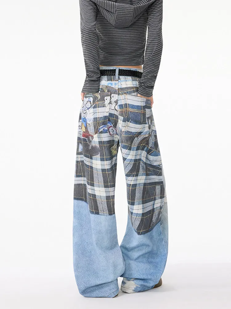 Women's New Y2k Printed Double Waistband Trousers High Street Hiphop Spring Autumn Loose Fit Casual Wide-Leg Pants