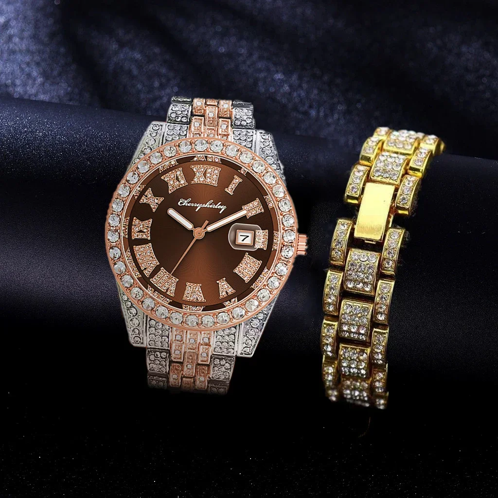 2pcs Top Brand Full Iced Out Watches Mens Bracelet Bling Jewelry Male Golden Diamond Hip Hop Wristwatch Set Clocks Gifts Reloj