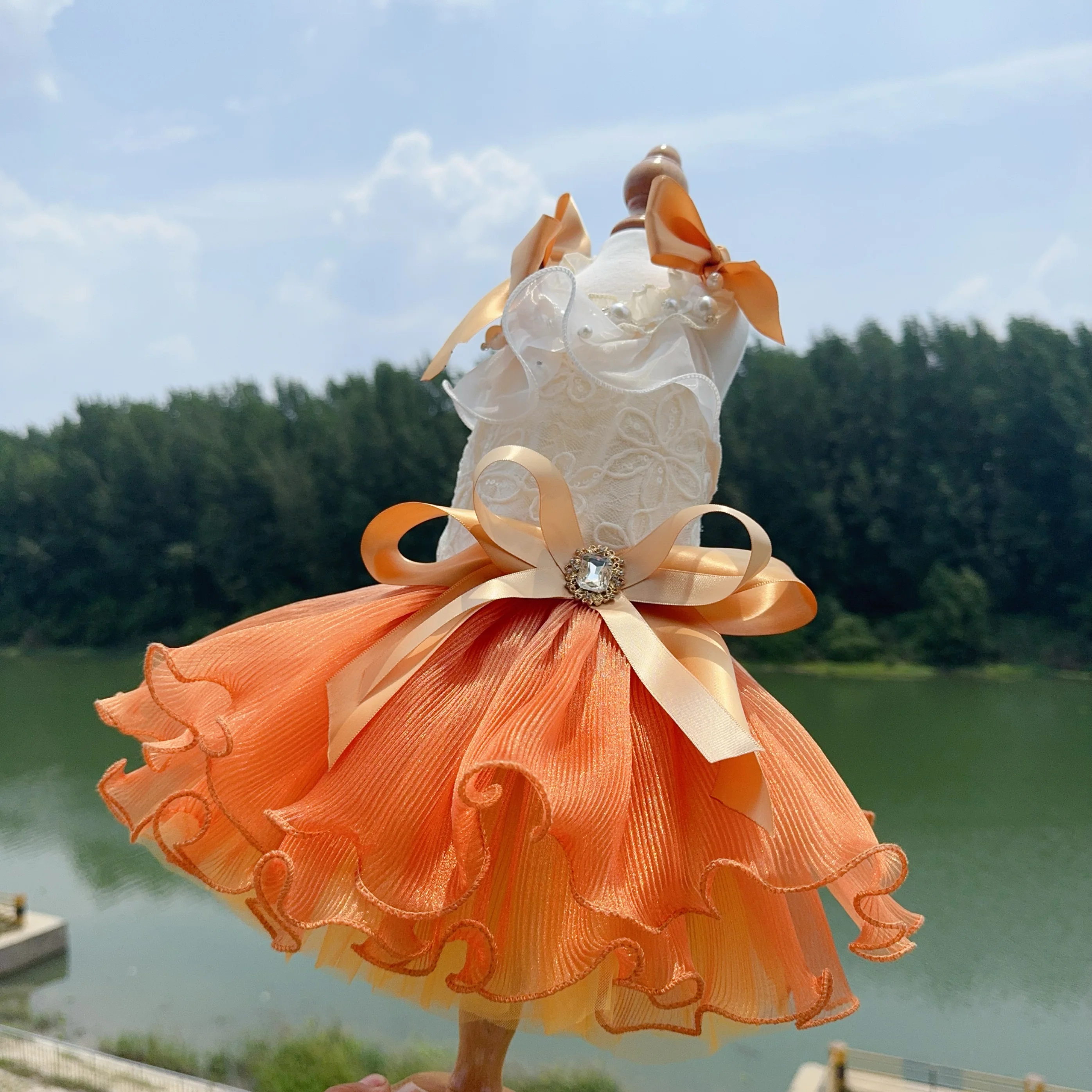 Puppy Dog Orange Purple Clothing Fine Luxury Handmade Laec Crystal Bow Princess Dress For Small Medium Dog Poodle Pet Clothes