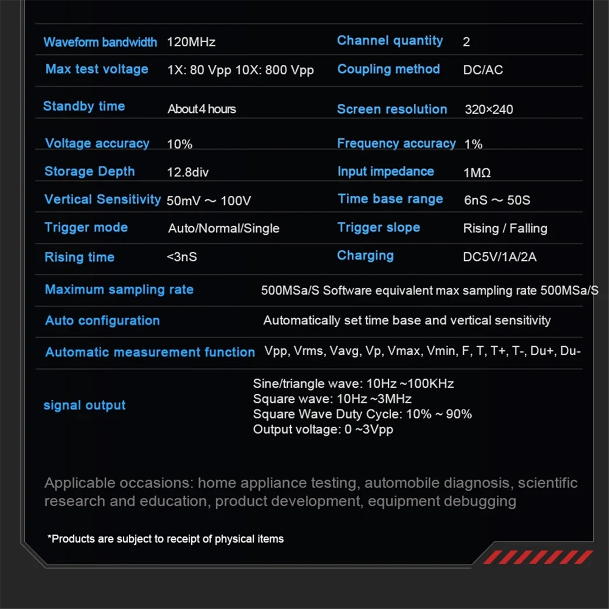 

A56XA TOOLTOP ET120MC2 120MHz Portable Smart Oscilloscope Dual Channel 500MSa/S Oscilloscope Data Storage for Home Repair A