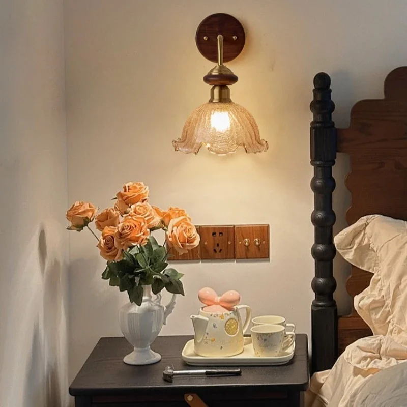 

Bedroom bedside wall lamp, medieval retro, living room background wall, lamp walnut, brass homestay stairs, aisle wall lamp