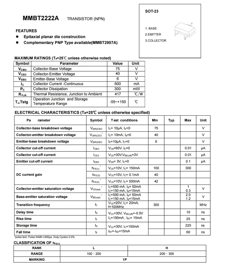 3000PCS MMBT2222A MMBT2907A 2N2222A 2N2907A 1P 2F SOT23 SMD Transistoren NPN PNP 600mA 40V 60V MMBT2907ALT1G MMBT2222ALT1G 2N2222 – Detail 2