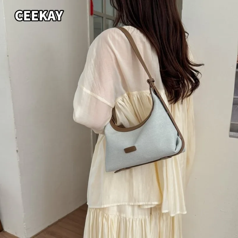CEEKAY Solid Canvas Mini Underarm Bag Contrast Faux Leather Trim Adjustable Hand Strap Metal Zip Detail For Girls Simple Elegant