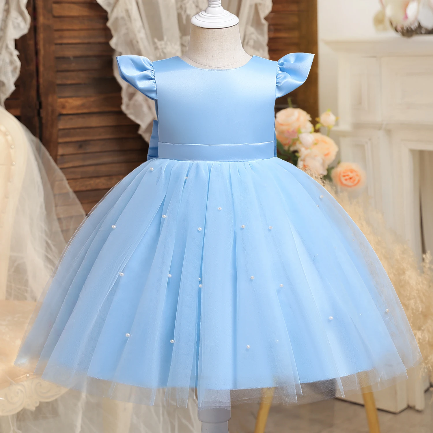 Elegant Girl Dresses Beading Princess Dress Baby Girl Birthday Party Flying Sleeve Prom Gown Baptism Party Dress Toddler Clothes