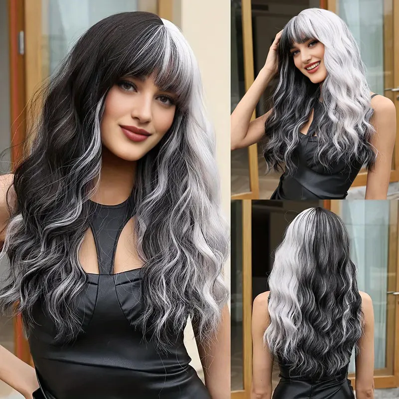 

Halloween 26 inch black and white color, water wave band bangs, high-quality synthetic wig for ladies, for parties, cosplay etc.