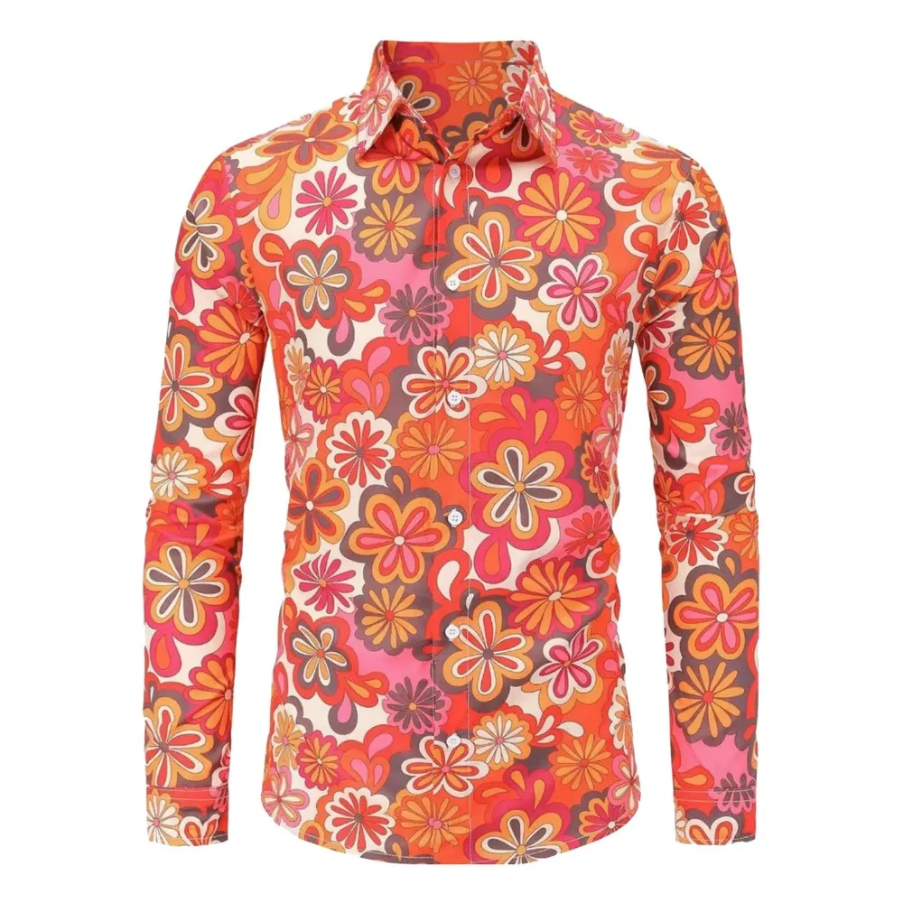

Men's Long Sleeves Shirts Hippie 70s Disco Hip Hop Button Flower Retro Long Sleeve Shirt New Men'S Casual Blouse Unisex Tops