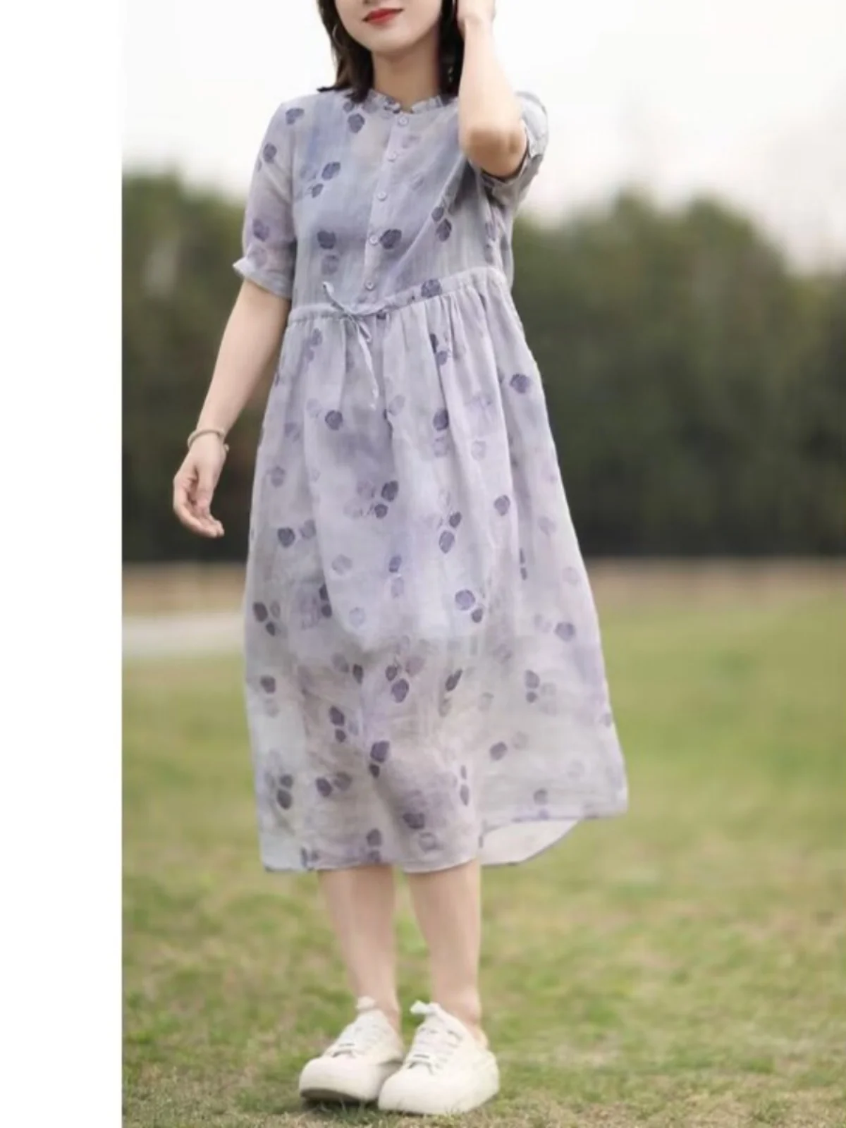 مكافحة الشيخوخة الأزهار طباعة الكتان ort Sve ميدي الدكتور الصيف فضفاض Gored Netie الخصر التخسيس ألف خط تنورة للشابات