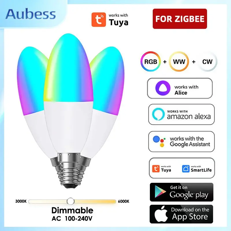 

Умный канделябр TUYA Zigbee, европейская лампочка E27 RGB + CCT 100-240 В 5 Вт с регулируемой яркостью, лампочка с голосовым управлением, работает с Alexa