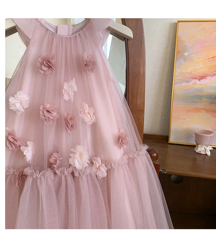 

Exquisite Floral Embellishments Fluffy Layered Tulle Children Elegant Casual Skirt Summer Kid Girl Cute Pink Sleeveless Dress