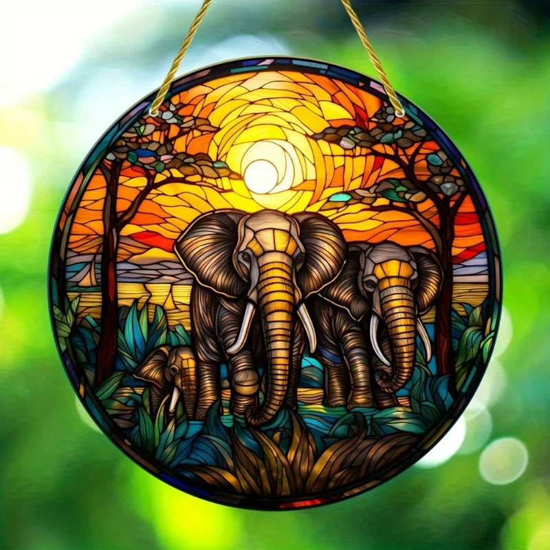 Herd Of Elephants Sun Catcher Colorful Artificial Glass Light-Catching Decorative Round Acrylic Painted Art Window Hanging Sign