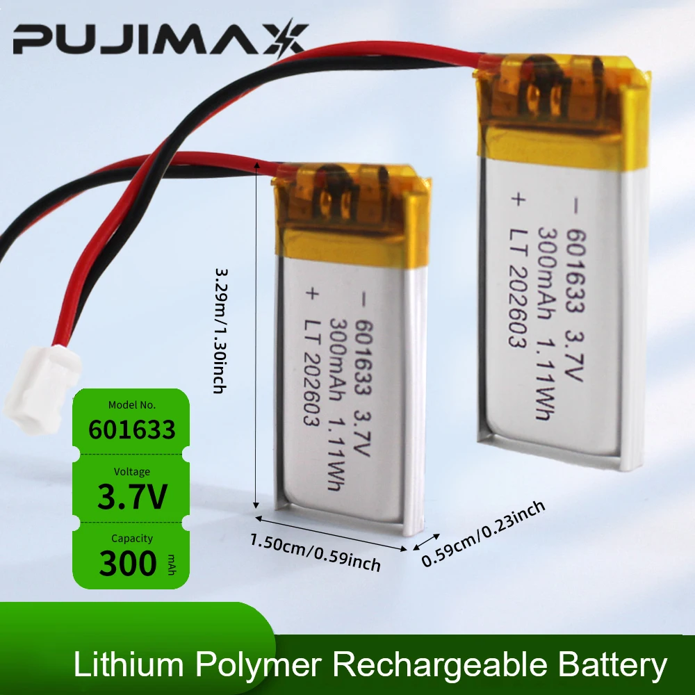 

PUJIMAX 601633 300mAh 3.7V Lipo Battery Ph2.0 Plug Rechargeable Lithium Battery For GPS Navigation Bluetooth Speaker MP3 MP4
