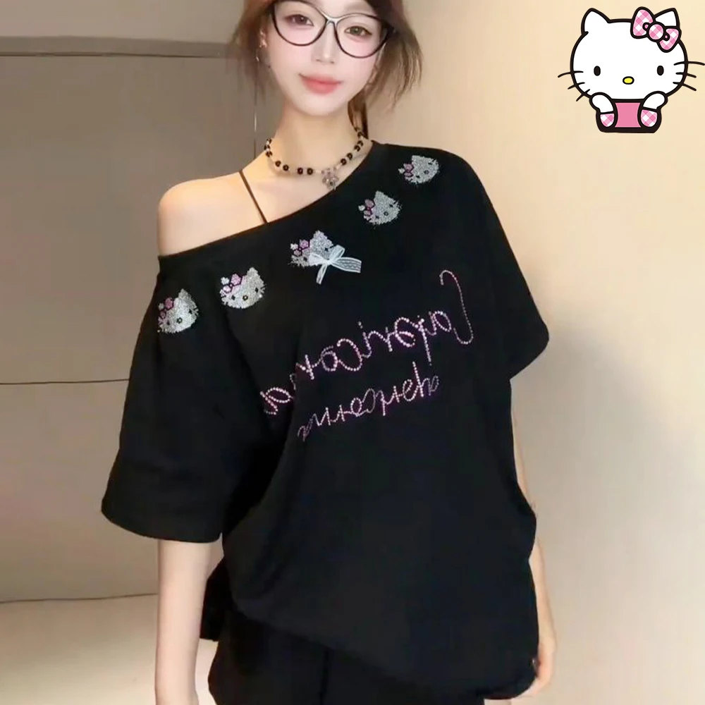 

Y2K Hello Kitty Girls Hot Diamonds милые наклонные плечи с короткими рукавами Sanrio женские летние хлопковые свободные топы с трюфельными плечами