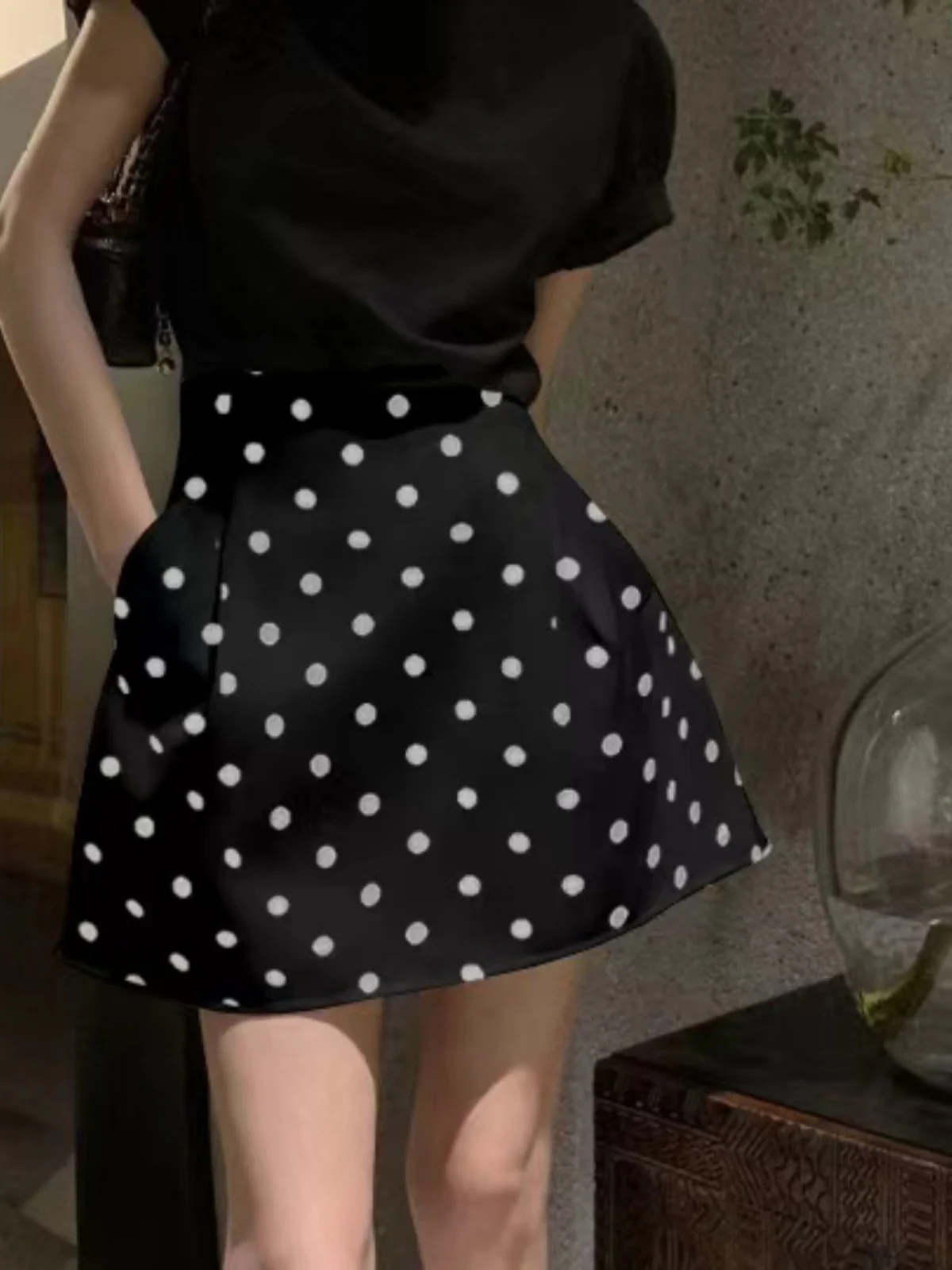 Victorian Style Polka Dot Flared  Skirt High Waist Puffy White Flower Bud Half-length Polyester Spring Summer Women's Skirt