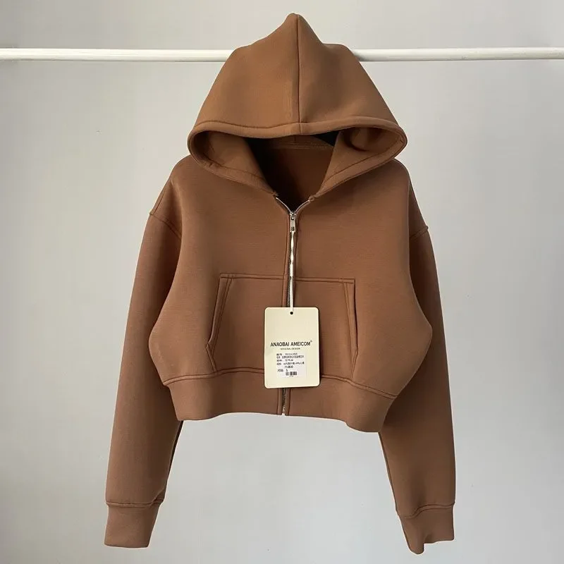 

American Fashion Solid Color Loose Hooded Sweatshirt for Women Autumn Casual Sports Midriff-baring Short Top Pullover