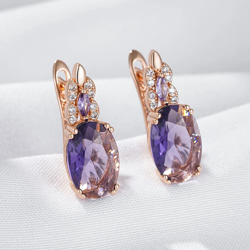 Kinel Sparkling Purple Oval Natural Zircon English Earrings for Women Fashion 585 Rose Gold Color Vintage Party Daily Jewelry