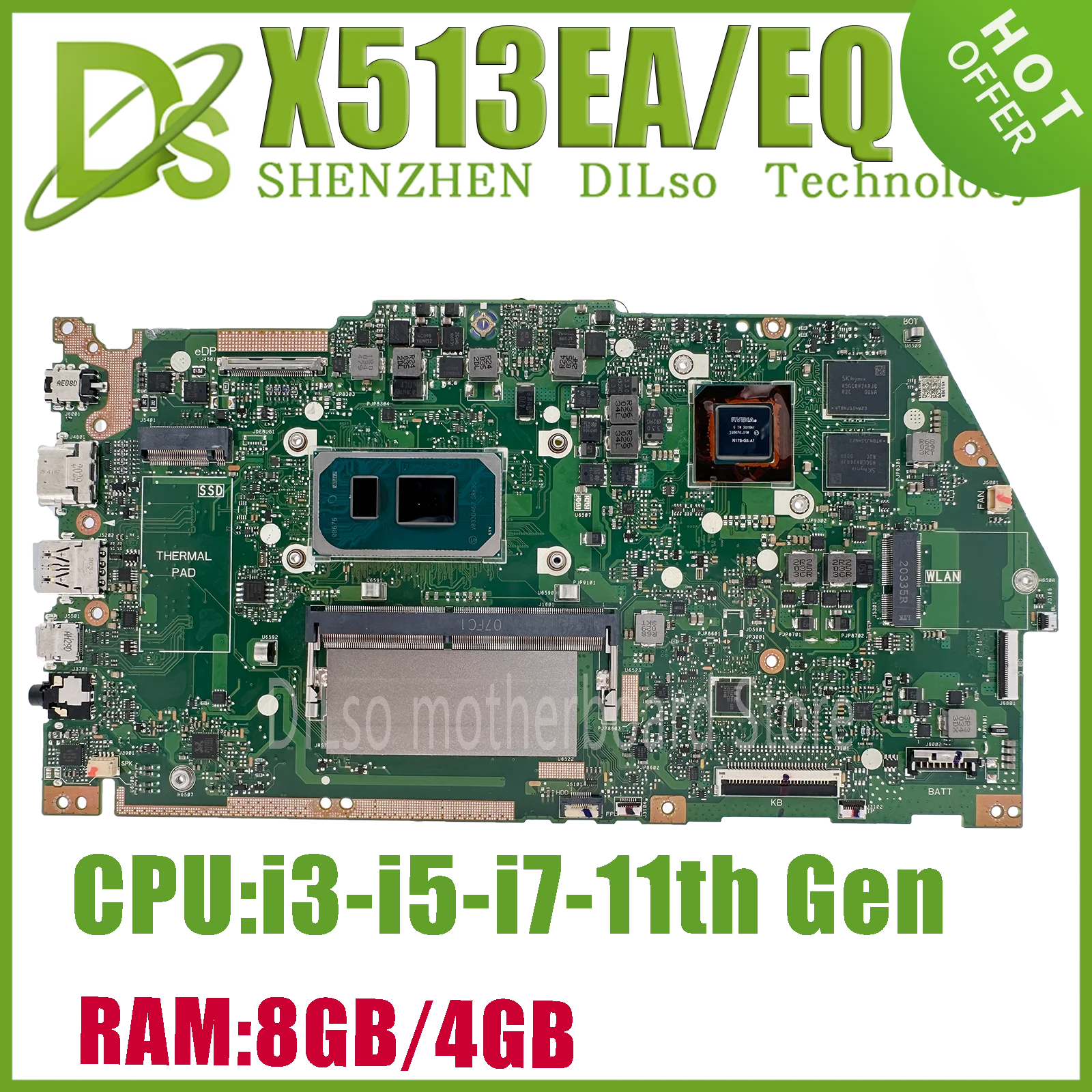 

KEFU X513EA Mainboard For ASUS X513EP R513E K513E F513E A513E X513EQ Laptop Motherboard I3 I5 I7 11th Gen 4GB/8GB-RAM V2G UMA