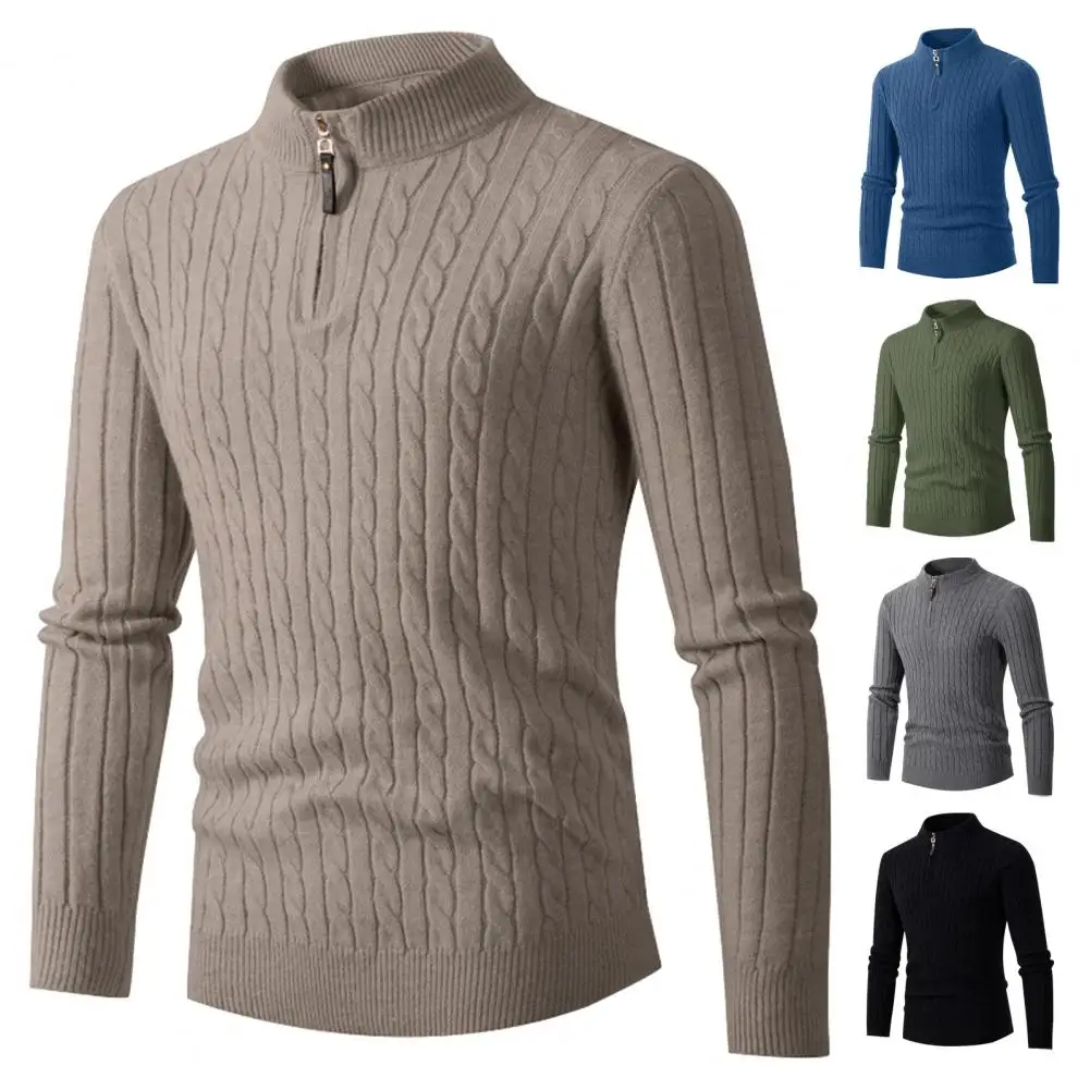 

Men Knitted Sweater Men's Thick Knitted Zipper Sweater with Half-high Collar Applique Twist Texture Winter Fall Solid for Casual