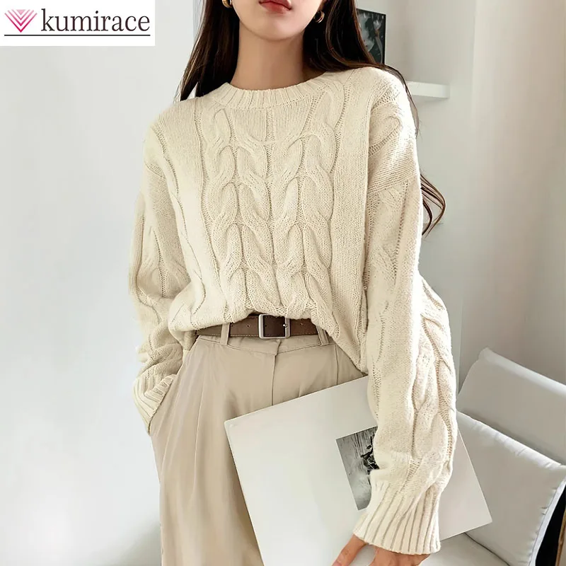 

Корейский повседневный простой вязаный пуловер, осень/зима 2022, женский свободный однотонный свитер с круглым вырезом из жареного теста, женский