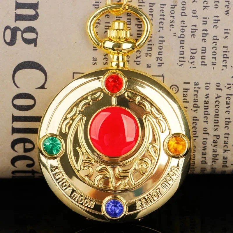 Gold Exquisite Moon Engraving Classic Quartz Pocket Watch Anime Dial Clock Pendant Gift for Girls Children Birthday Gifts