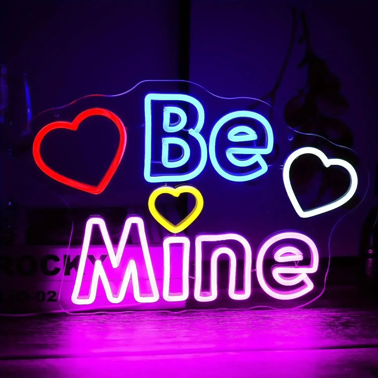 Be Mine Neon Sign Multi Color Heart LED Wall Art Valentines Day Love Glow USB Powered Dimmable Acrylic Lamp Wedding Party Decor