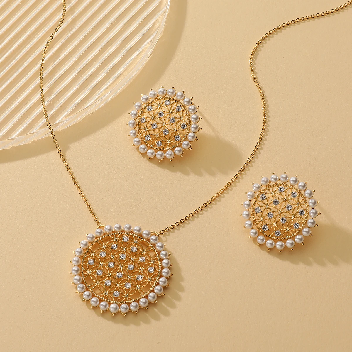 New Romatic Women's Fashion Pearl Zircon Necklace & Earrings Set Round Simple Arabic style Gold Jewelry Set for Party Wedding
