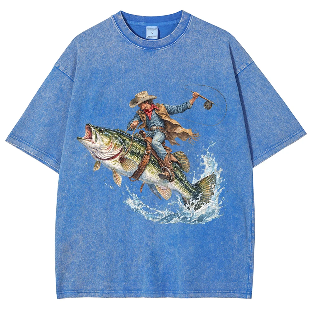 Vintage Cowboy Riding Fish Graphic T-Shirt Men Summer Heavyweight Washed Black Short Sleeve Casual Loose Streetwear Cotton Tee