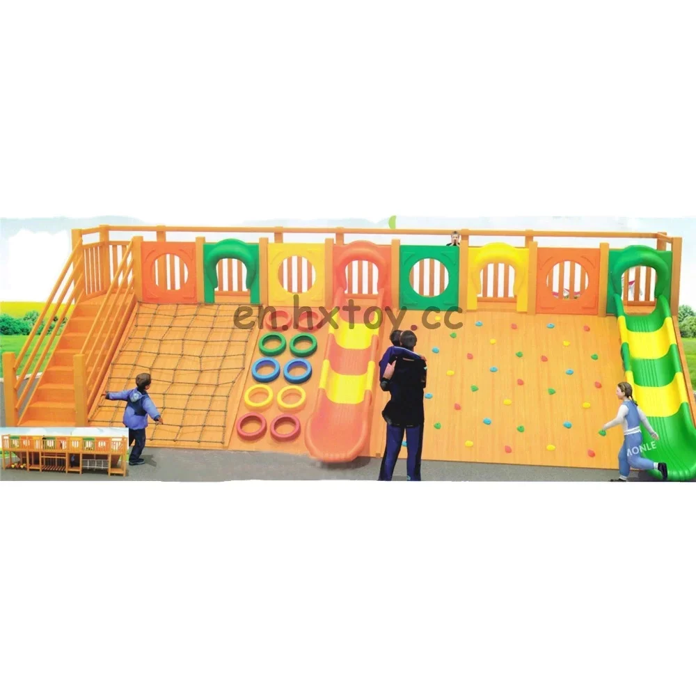 Kindergarten Children Wooden Playground with Plastic Slide and Climbing Wall