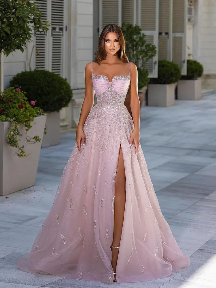 Pink Evening Dresses V Neck Sleeveless Spaghetti Straps Sequins Beaded Shiny Lace Appliques Side Slit Prom Dresses Custom Made