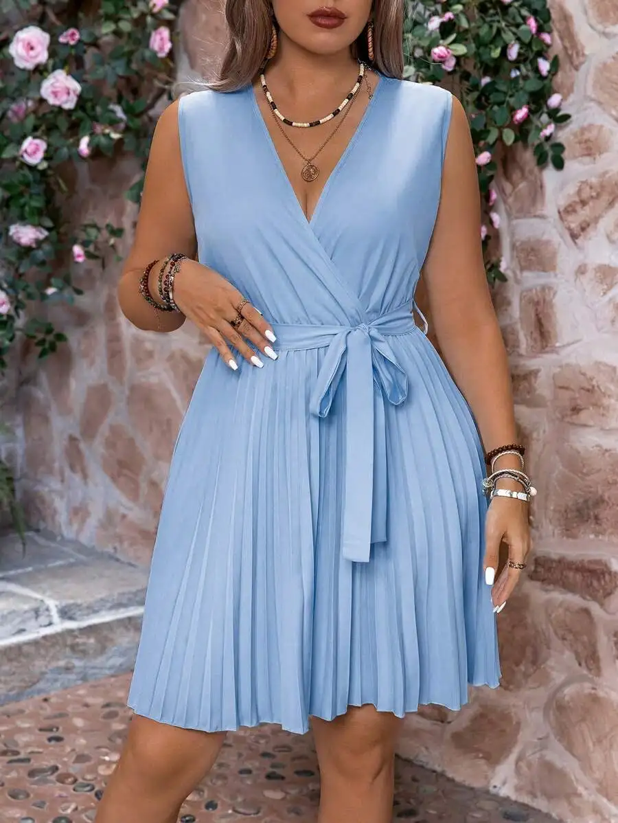 

Light Blue V-Neck Wrap Pleated Sleeveless Summer Dress with Tie Waist