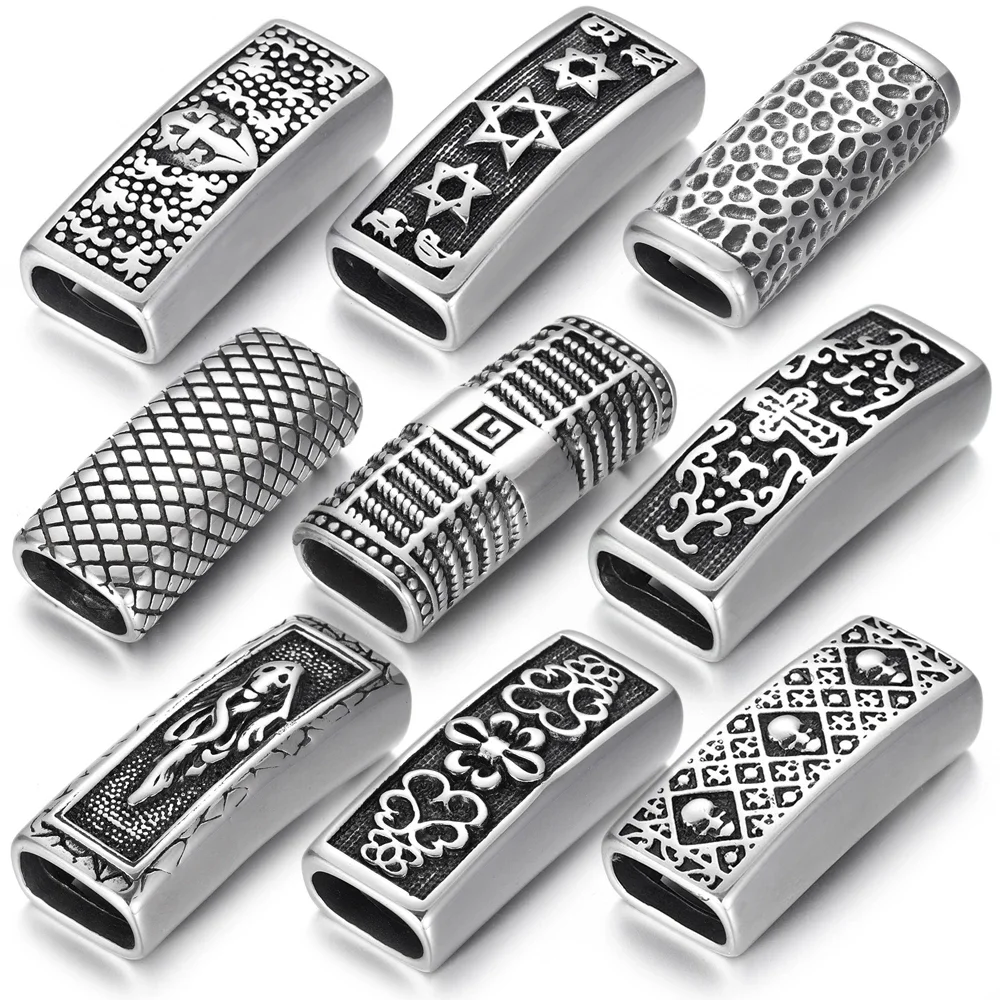 Stainless Steel Slider Beads Patterned Slide Charms Fit 12*6mm Flat Leather DIY Men\'s Bracelet Jewelry Making Supplies