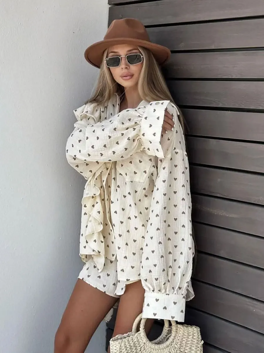 Bornladies Women Spring Summer 100% Cotton Shorts Suit Office Lady Long Sleeve Loose Shirt + Shorts 2 Piece Sets Womens Outfits