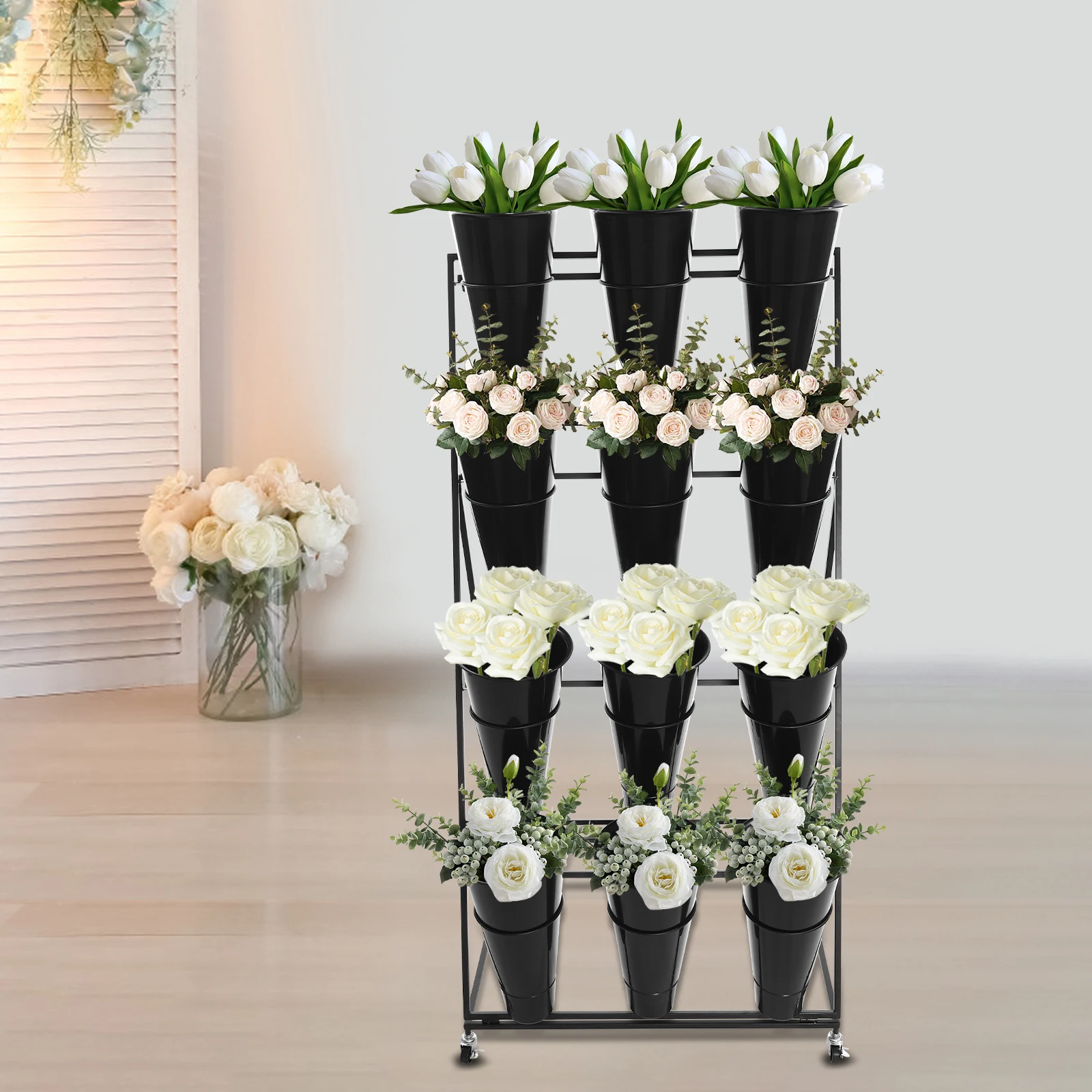 Flower Stand w/12pcs Black Plastic Bucket, Heavy Duty Moving Plant Cart Shelf for Outdoor Patio Garden Weddings image 4