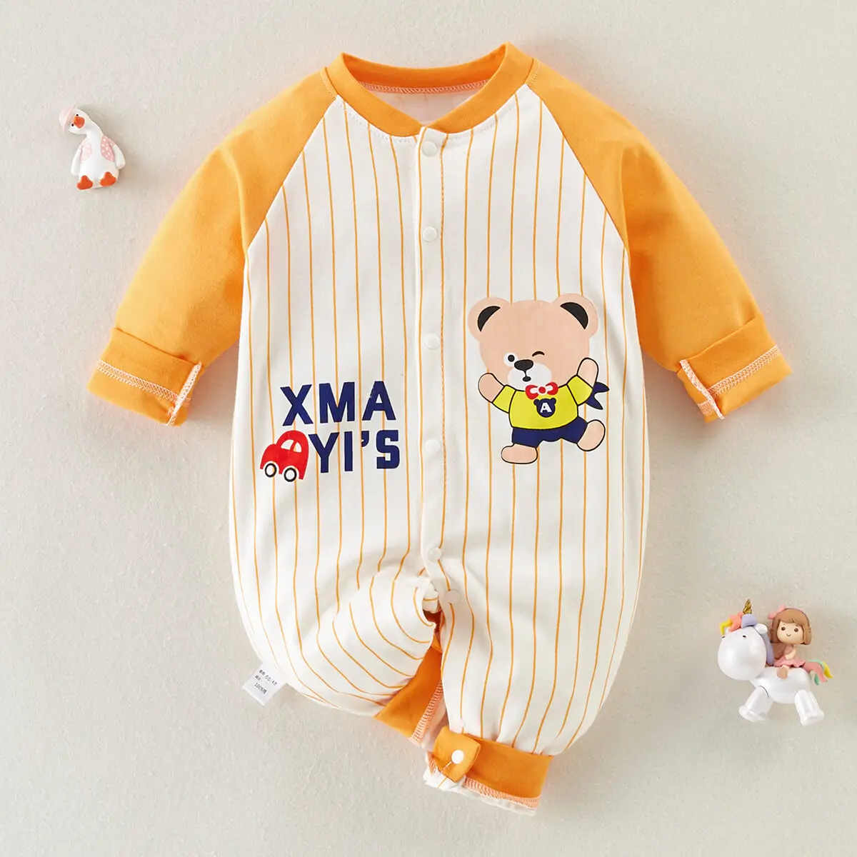 hibobi 100% Cotton Autumn Baby Cute Stripes Letter Bear Printed Crew Neck Long-Sleeved Long-Leg Romper Baby Outdoor Jumpsuit