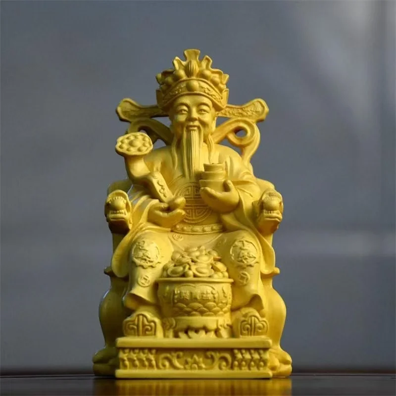 Boxwood God Wealth Statue, Solid Wood Caishen Figurine for Feng Shui Chinese Lucky Charm Home Office Desk Decor Prosperity Gift