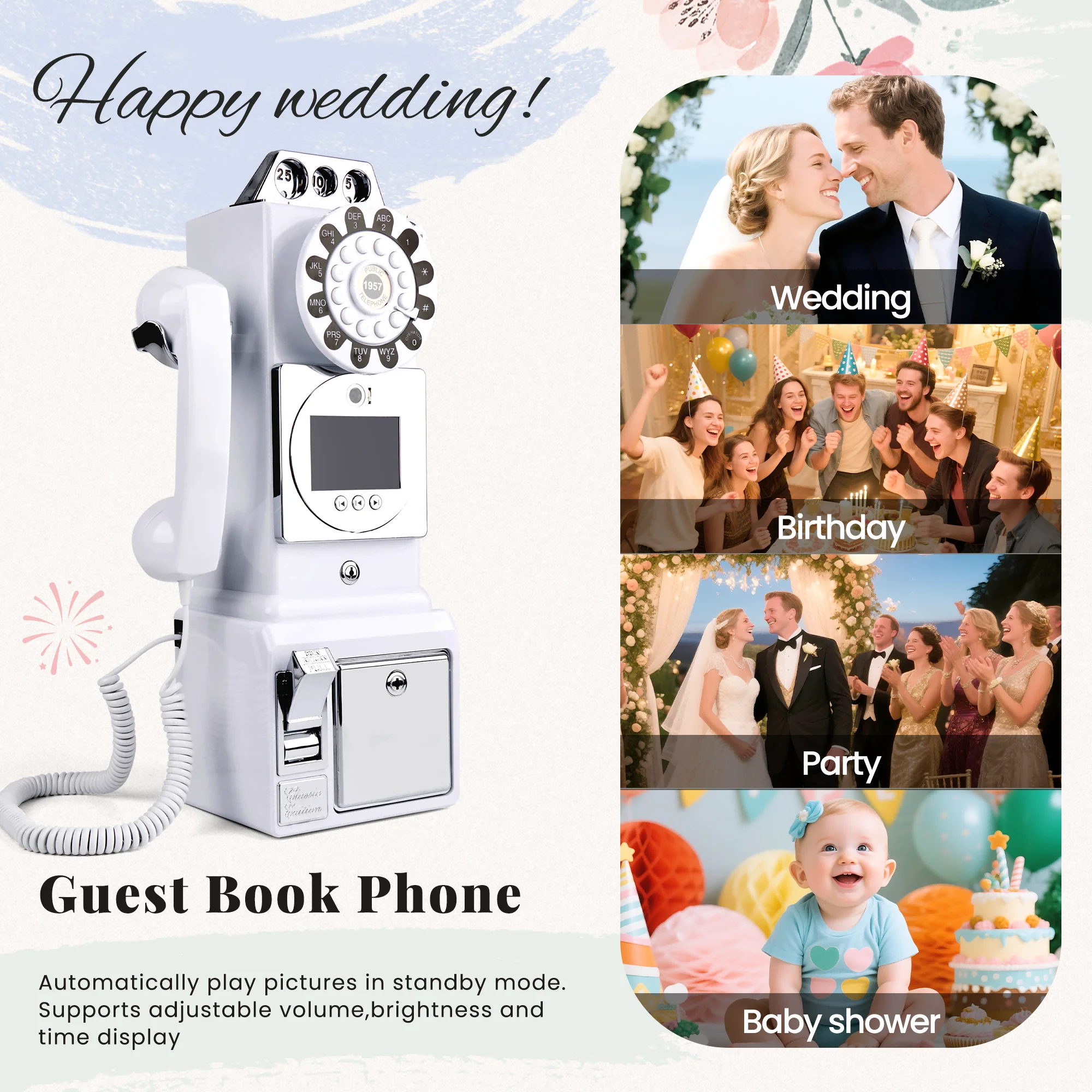 High-definition video wedding, retro audio guestbook, antique telephone