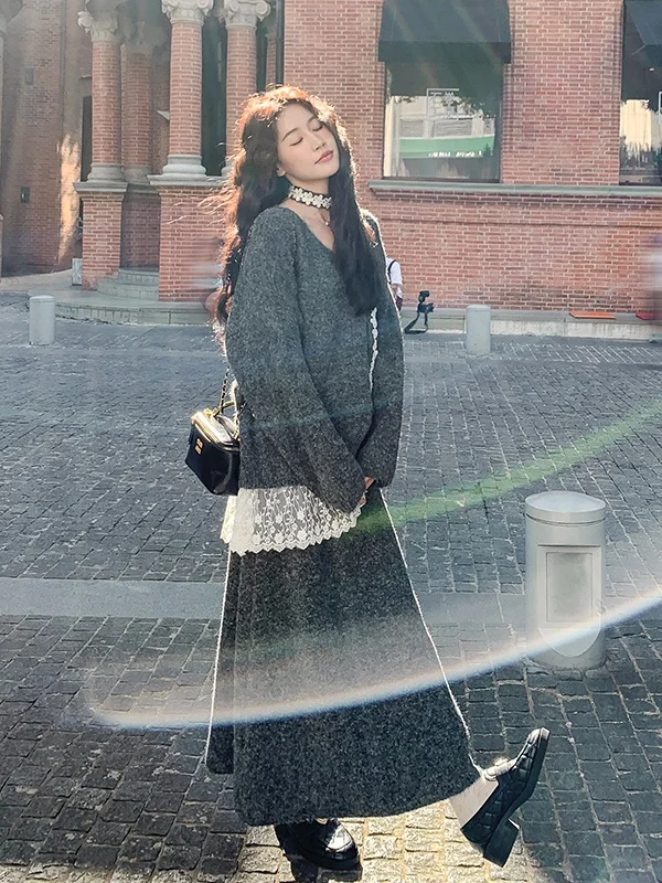 

Women's Lace Trim Bell Sleeve Knit Sweater Skirt Set Spring Autumn Loose Fit Comfortable Slimming Atmosphere Two Piece Set