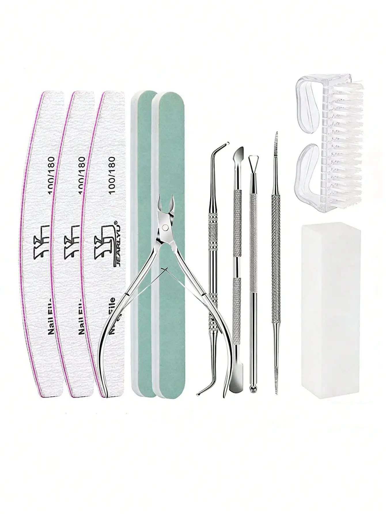 

12pcs Manicure Tools Set: 100/180 Grit Nail Files, Buffing Blocks, Cuticle Nipper, Cuticle Pusher, Cleaning Brush, Professional Pink Nail Care Kit NBJ3