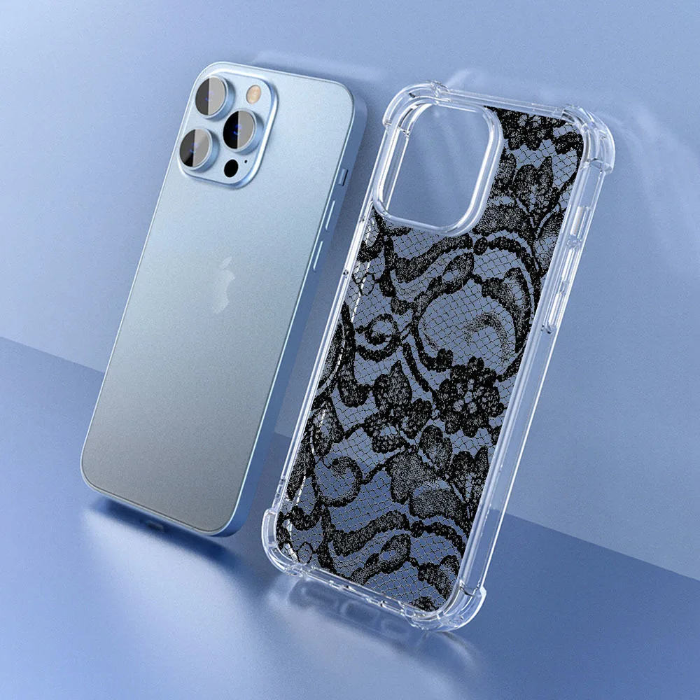 Custodia per telefono con motivo in pizzo nero per iPhone 15 14 13 12 11 Pro X XS XR Max 7 8 Plus SE 2 3 Mini Cover antiurto in TPU trasparente