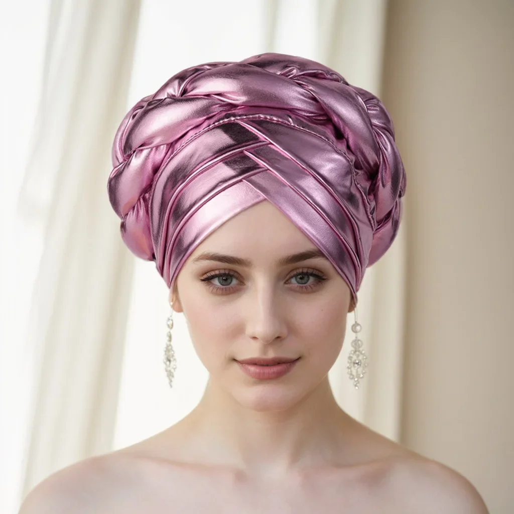 

Африканский головной убор Auto Gele Aso Oke, нигерийский тюрбан с косами, блестящий капот, женский мусульманский хиджаб, платок для свадебной вечеринки, тюрбан, кепка с крестом