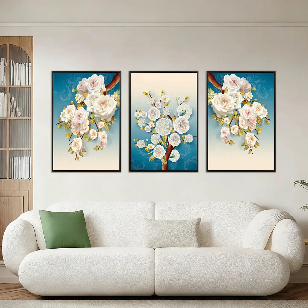 3 Panel Elegant White Rose Flower Branch Wall Art Framed Floral Painting for Home Wall Decoration