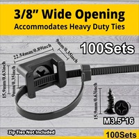 100 Sets Cable Tie Mounts with Screws Slim 0.63x0.89in Black Wire Anchors Adhesive Base for Walls Desks Cables No Drill